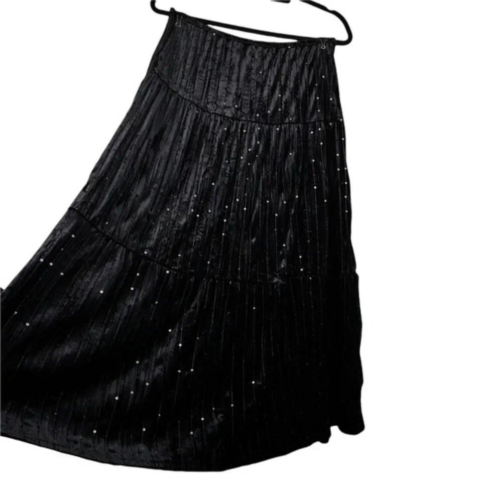 Choices Womens Black Velvet Velour Sequin Tiered Pull-On Maxi Skirt Size M - Picture 2 of 4